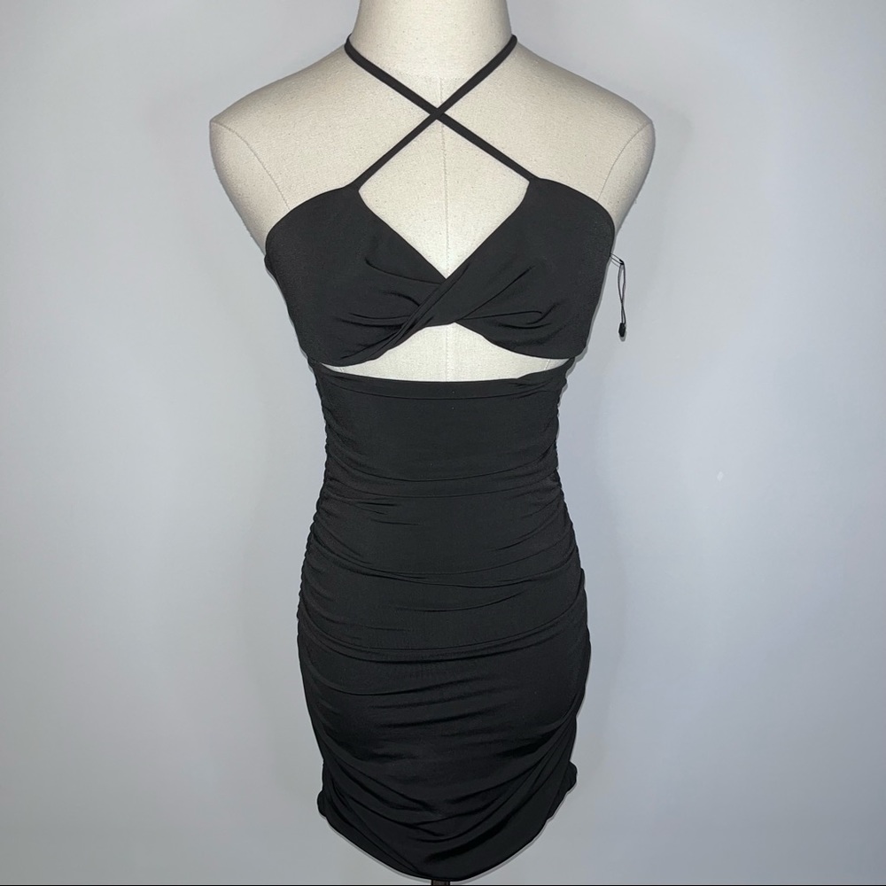 OLIVACEOUS Black Bodycon Ruched Halter Cutout Short Mini Dress Small NWOT LBD